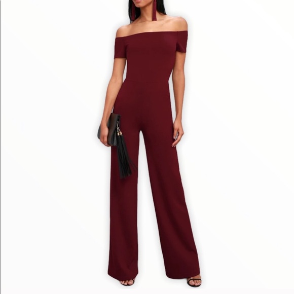 Lulus Pants - Lulu’s Alleyoop burgundy Off the Shoulder Jumpsuit